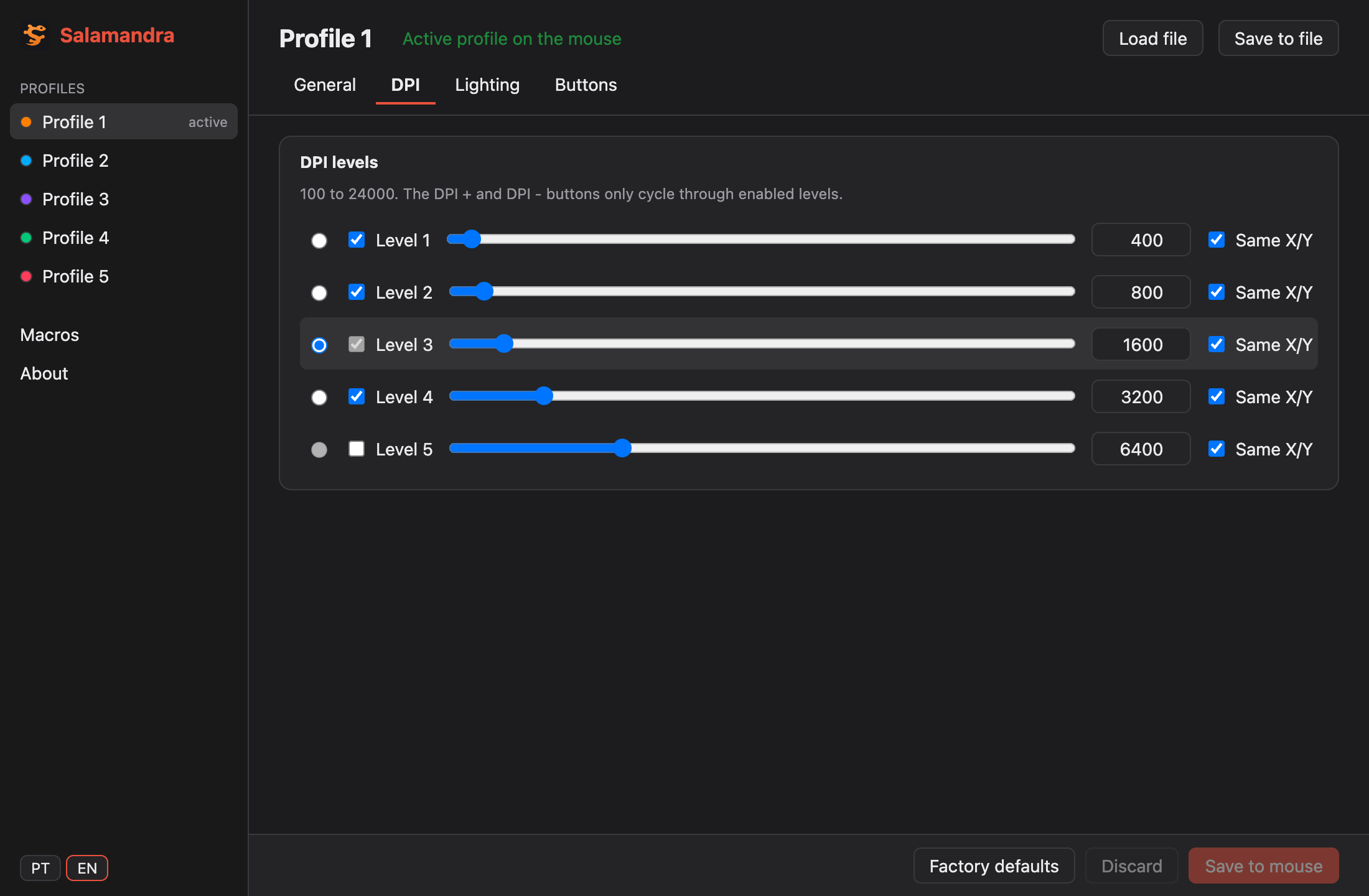 DPI levels in the app